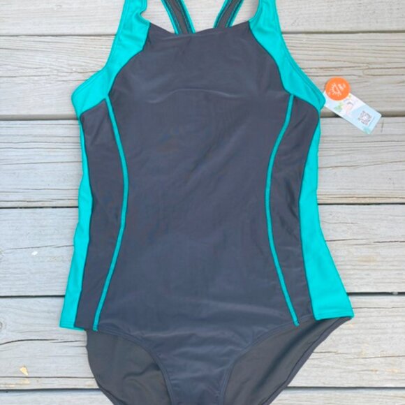 NWT- One Piece Athletic Lap Swimming Competition Racing Swimsuit- Black and Teal - Picture 2 of 9